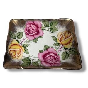 Vintage Sandland Ware Golden Rose Trinket Dish 3.5" Square England Staffordshire